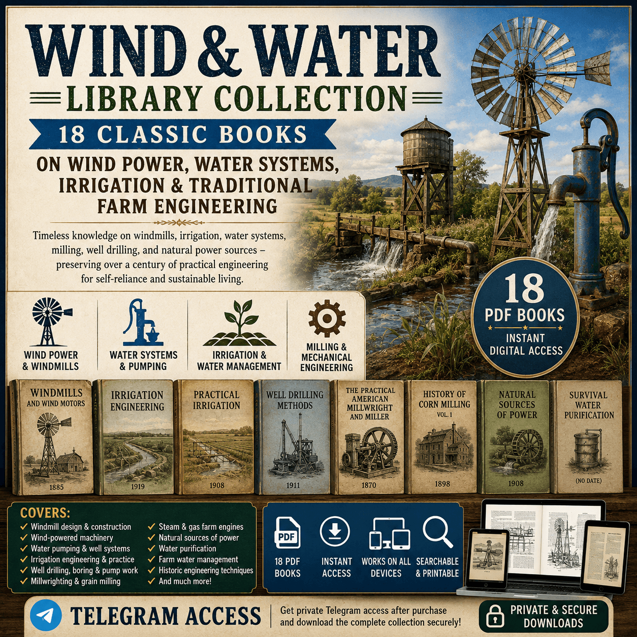 Wind & Water Library Collection - 18 Classic Books on Wind Power, Water Systems, Irrigation & Traditional Farm Engineering